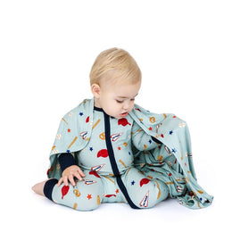Emerson And Friends Play Ball Baseball Bamboo Convertible Footie Romper Blue And Multi