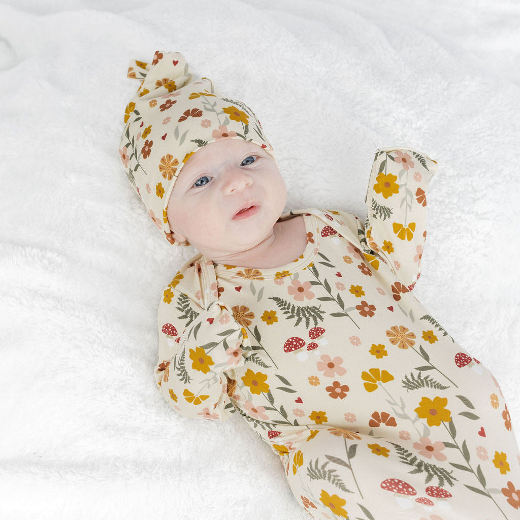 Toadstool Garden Bamboo Gown and Hat Newborn Baby Gift Set Beige And Multi lifestyle view 1