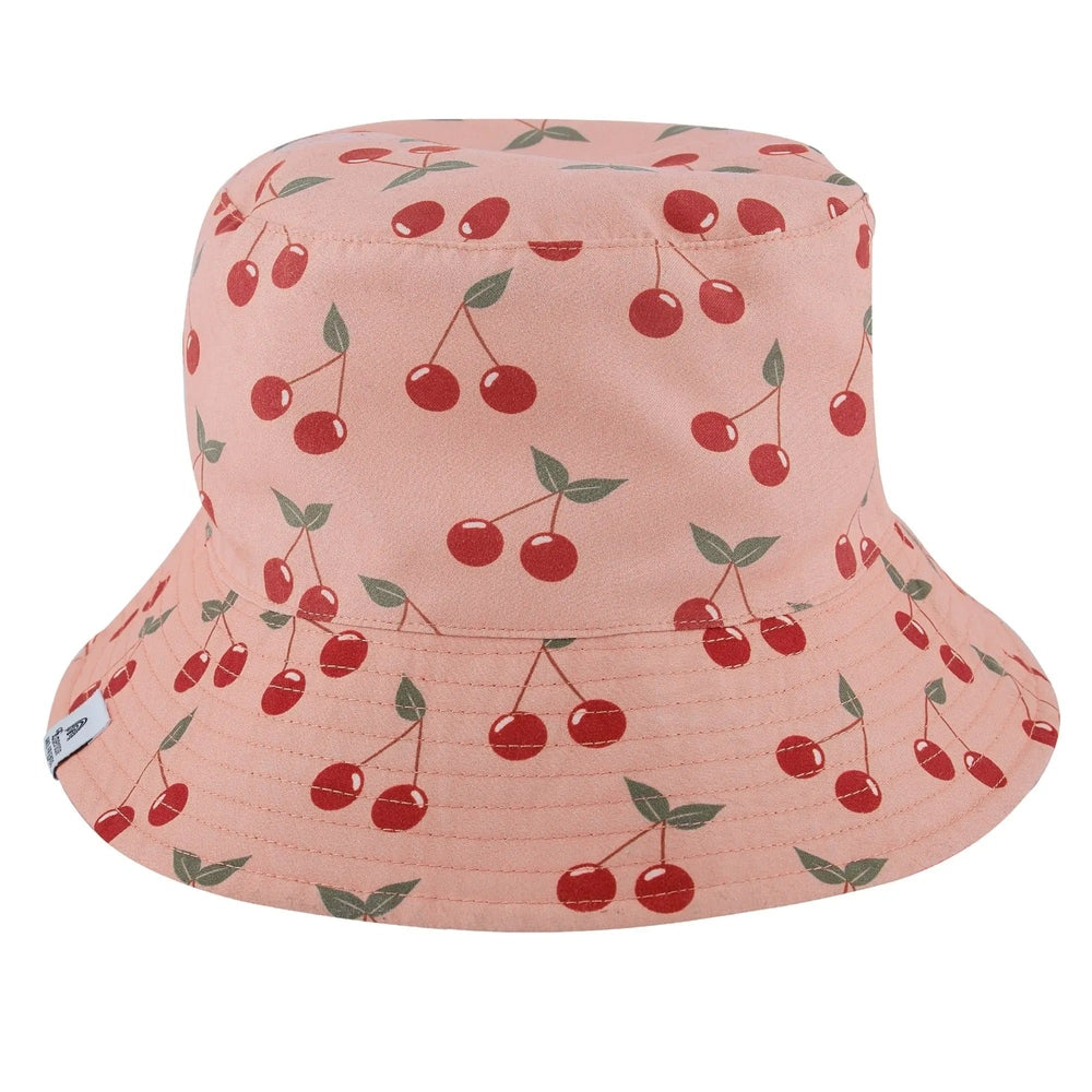 Pink bucket hat with cherry pattern on a white background