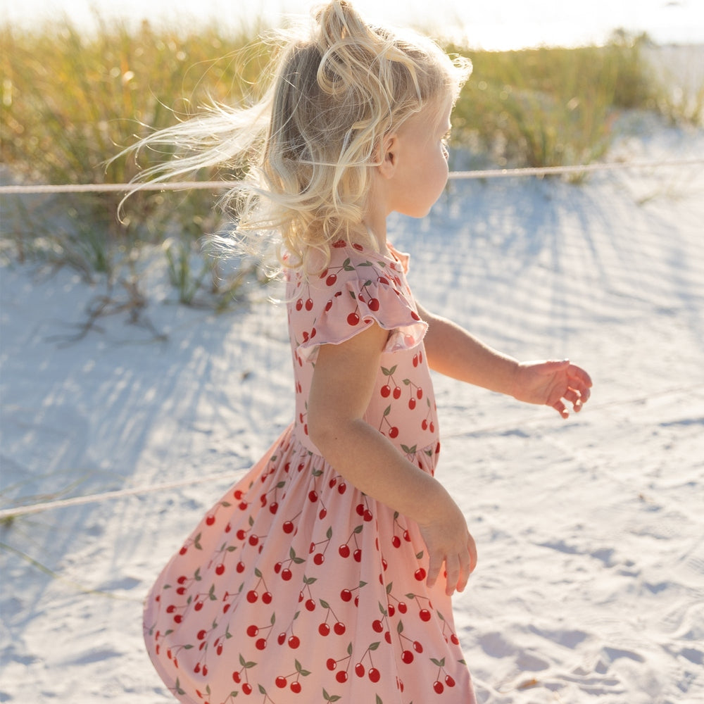 Very Cherry Short Sleeve Bamboo Twirl Dress Pink
