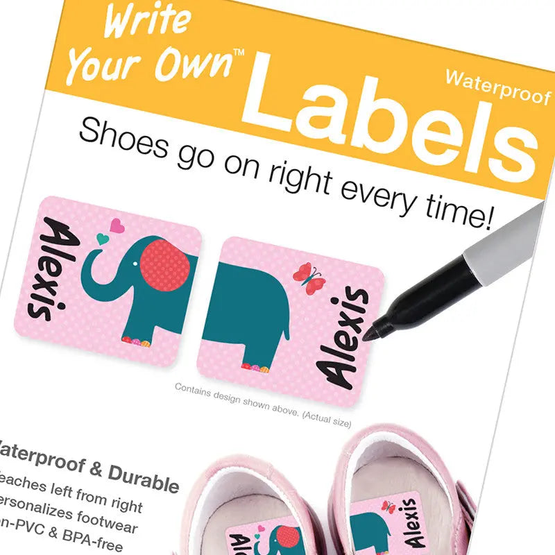 Emily Press Labels Wyo Shoe two pink waterproof shoe labels attached to kids' sneakers with blue elephants and the name Alexis