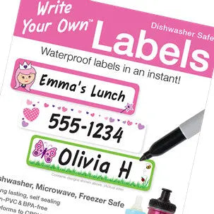 Emily Press Labels Wyo Waterproof Classic: pink packaging with customizable name tags; a marker applying a label to a bottle.