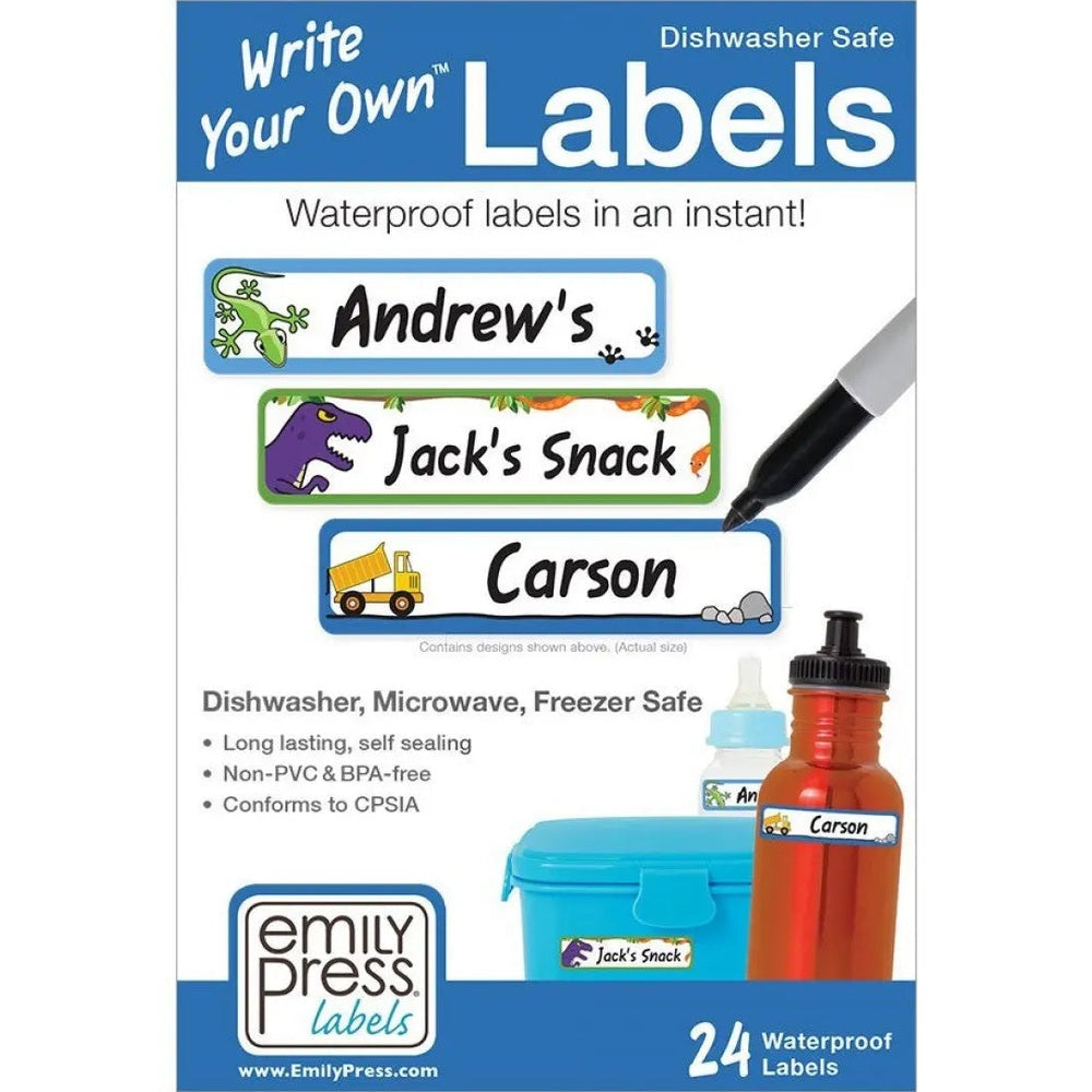 Emily Press Labels Wyo Waterproof Classic-24 dishwasher-safe name labels seen on a lunch container and water bottle