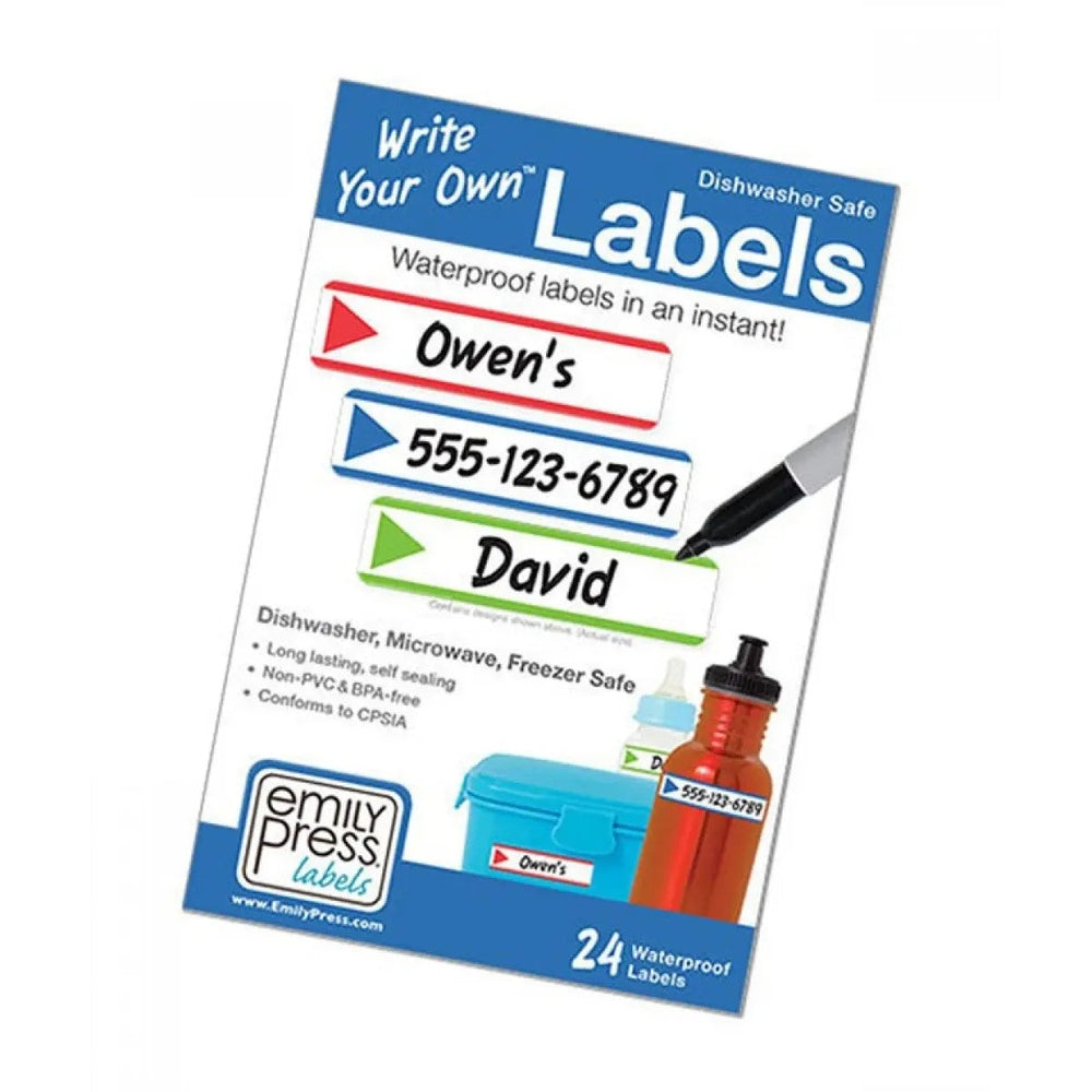 Emily Press Labels Wyo Waterproof Classic label kit; blue labels being written on with a marker, 24 waterproof labels