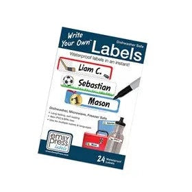 Emily Press Labels Wyo Waterproof Classic packaging; a marker writes names on example labels.