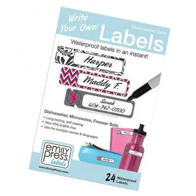 Emily Press Labels Wyo Waterproof Classic: 24 waterproof labels for labeling gear, shown with handwritten names on sample tags.