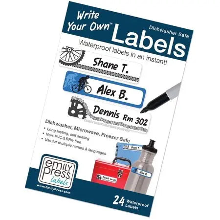 Emily Press Labels Wyo Waterproof Classic pack; three customized labels visible on bottles and gear, 24 waterproof labels.