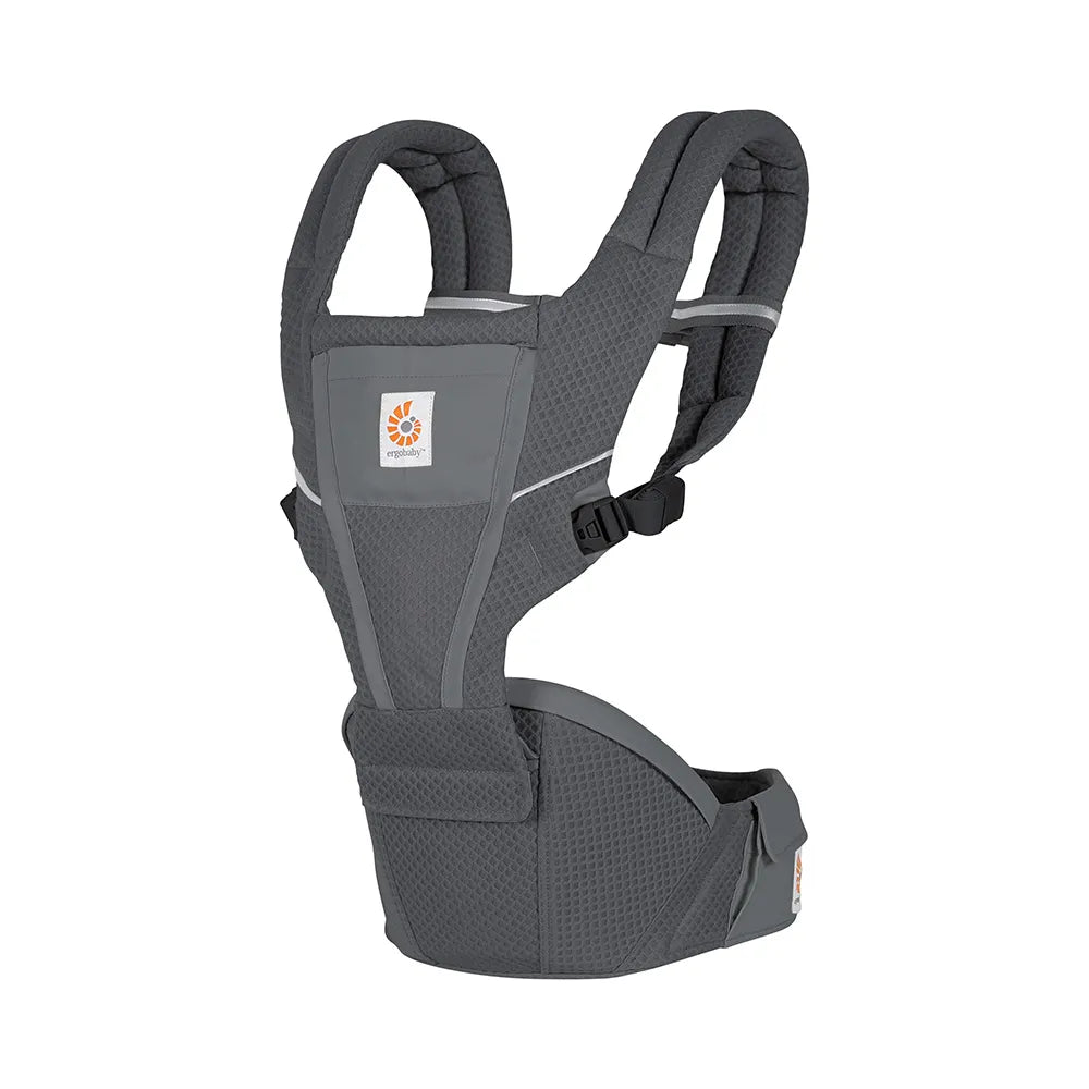 Ergobaby Alta Hip Seat Baby Carrier in gray worn on an adult torso with padded straps and waist belt.