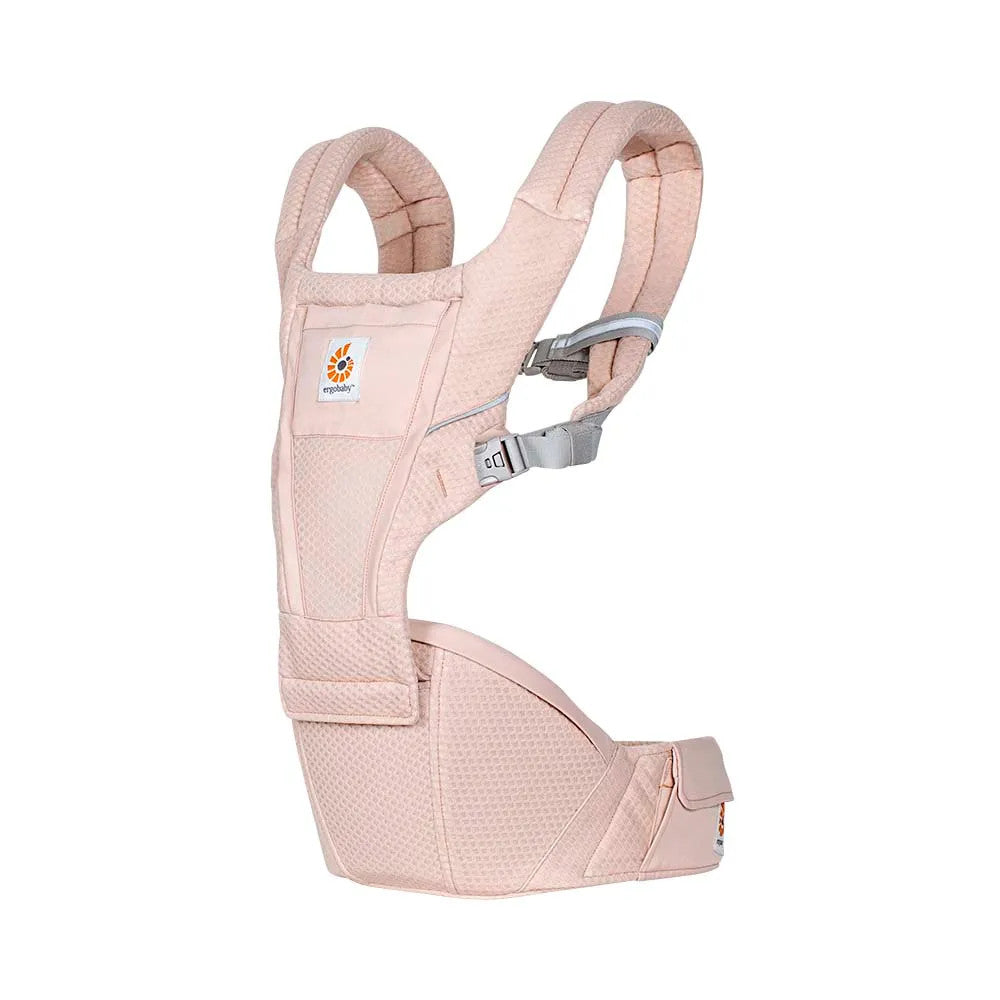 Ergobaby Alta Hip Seat Baby Carrier in pink, showing an ergonomic waist belt and padded shoulder straps.