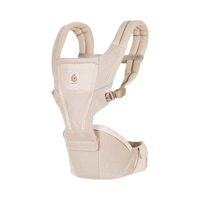Ergobaby Alta Hip Seat Baby Carrier in beige with padded shoulder straps and built-in hip seat, shown upright for ergonomic support.