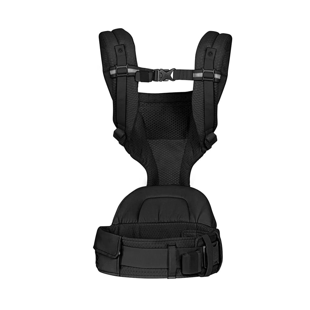 Ergobaby Alta Hip Seat Baby Carrier in black with padded hip belt and mesh back, showing secure hip-seat support.