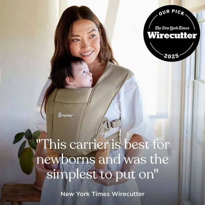 Ergobaby Embrace Knit Newborn Carrier Sage Meadows worn front, baby nestled, showcasing soft-structured comfort.