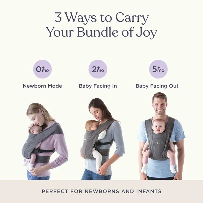 ERGOBABY Embrace Knit Newborn Carrier Sage Meadows in three carry modes-newborn, facing in, and facing out.