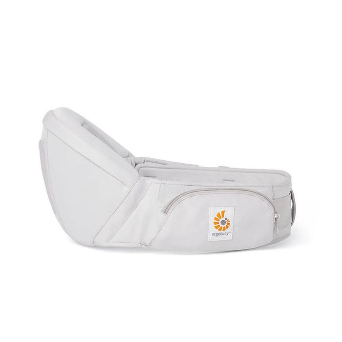 ERGOBABY Lift Hip Seat Baby Carrier in light grey, showing the zip pocket and curved hip-support.