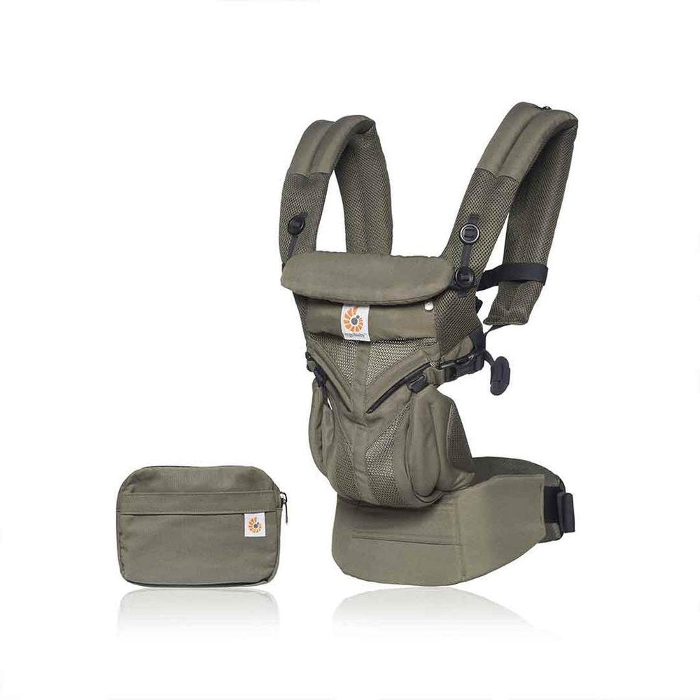 Ergobaby Omni 360 Cool Air Mesh olive baby carrier with breathable panels and padded straps, shown with accompanying pouch.