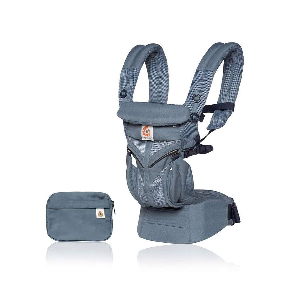 Ergobaby Omni 360 Cool Air Mesh baby carrier with padded straps and breathable mesh, shown with a matching carry pouch.