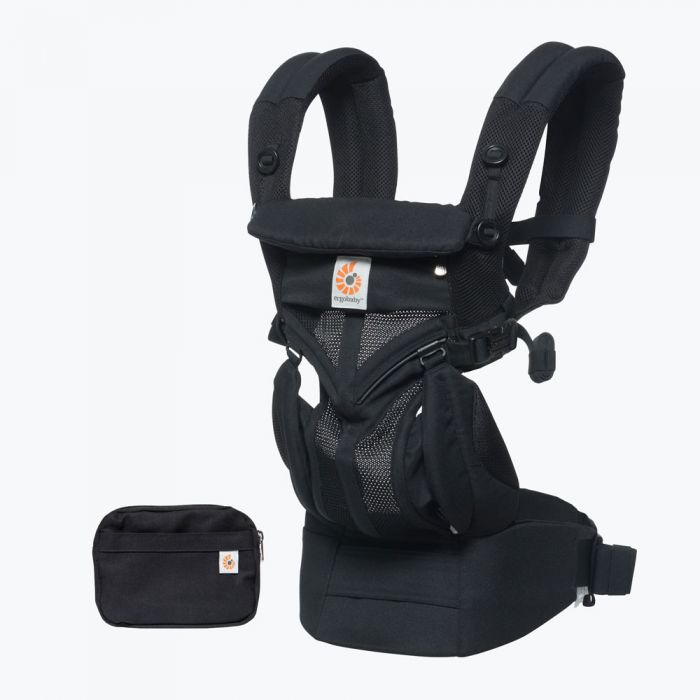 Ergobaby Omni 360 Cool Air Mesh baby carrier worn with waist belt and breathable panels, includes pouch.