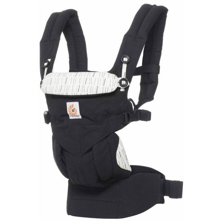 Ergobaby Omni 360 Cool Air Mesh baby carrier in black with white panel; buckled waist belt and padded straps shown.