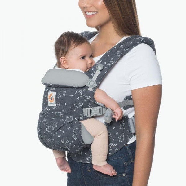 ERGOBABY Omni 360 Cool Air Mesh baby carrier in gray pattern, worn by mom, securely carrying infant with padded, breathable straps