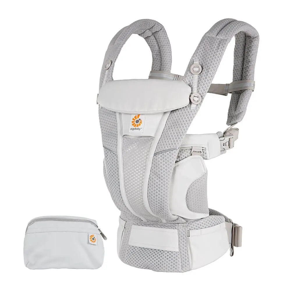 Ergobaby Omni Breeze baby carrier in light gray mesh with padded straps and waist belt; includes matching pouch.
