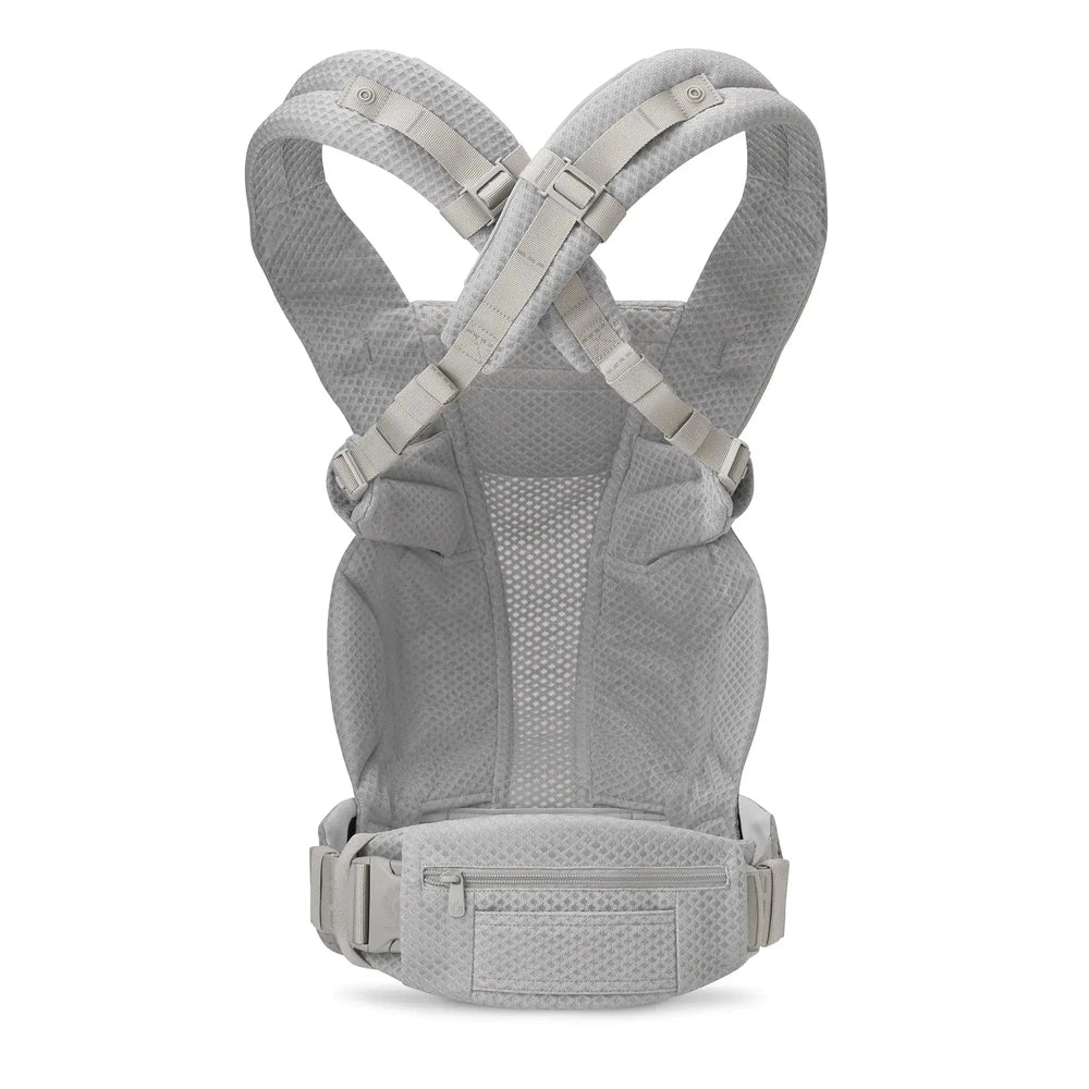 Ergobaby Omni Deluxe Carrier Mesh, light gray breathable back panel with cross-back straps and padded waist belt.