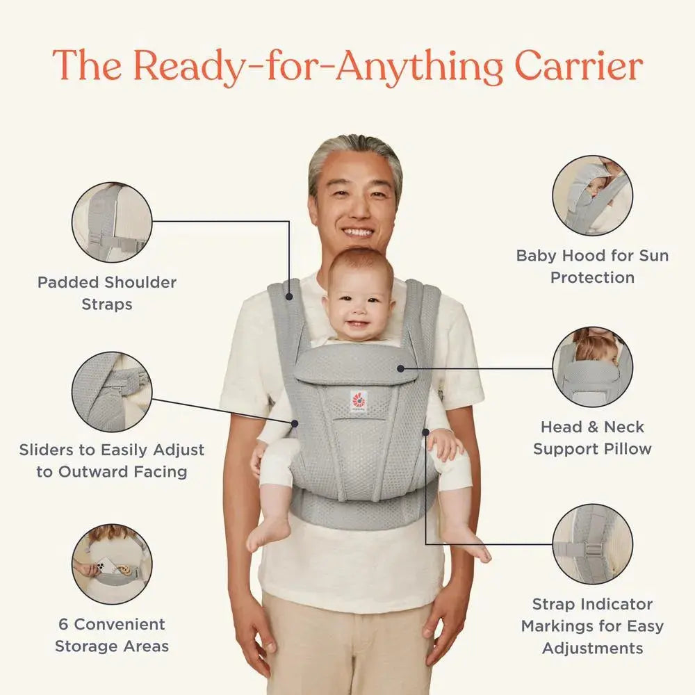 ERGOBABY Omni Deluxe Carrier Mesh worn by parent carrying baby, showing padded straps, sun hood, and head/neck support.
