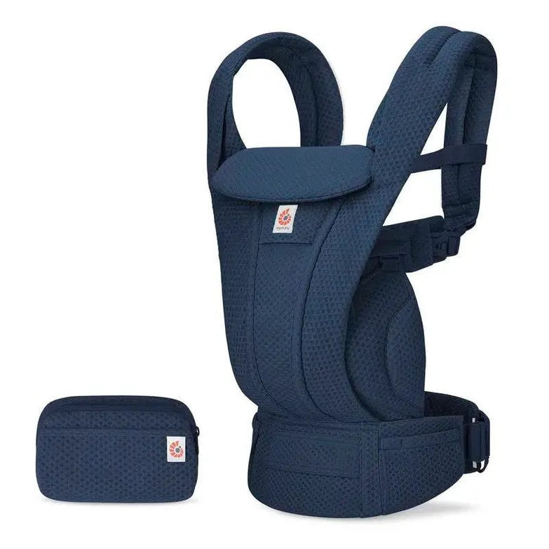 Ergobaby Omni Deluxe Carrier Mesh navy worn by a parent, showing padded straps and wide waist belt, with matching pouch.