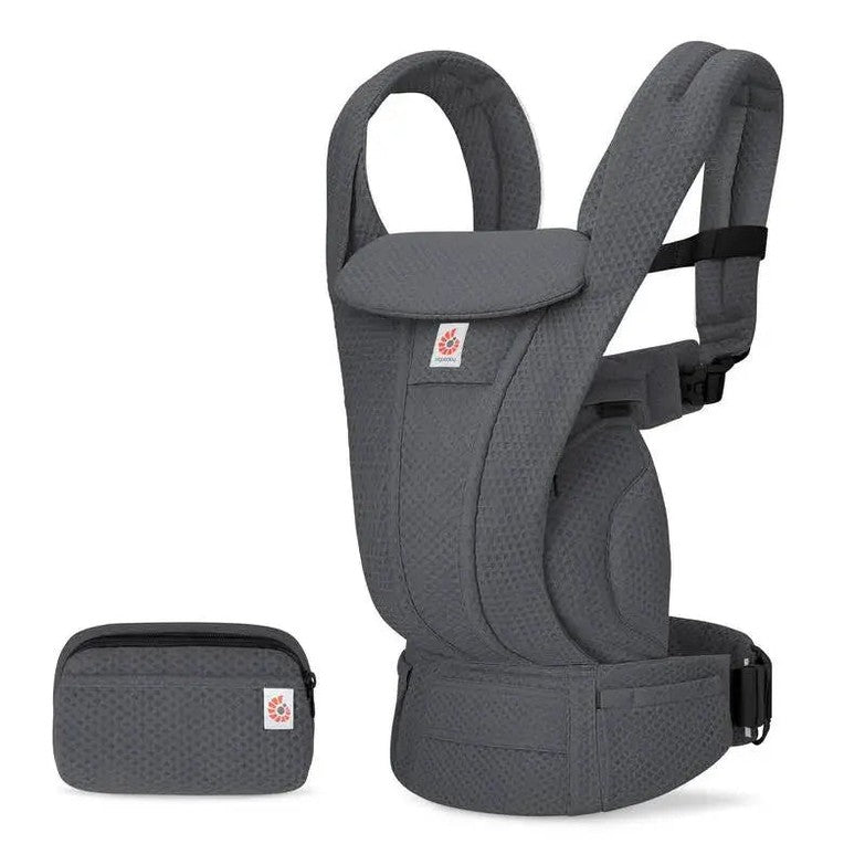 Ergobaby Omni Deluxe Carrier Mesh gray with padded straps and waist belt, shown with matching pouch.