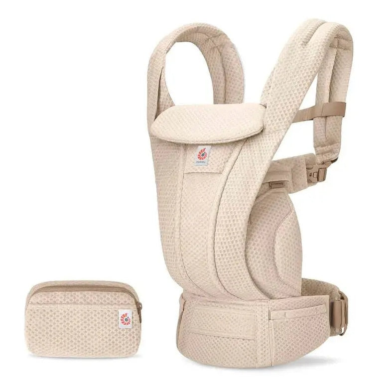 Ergobaby Omni Deluxe Carrier Mesh beige with matching pouch; shows padded shoulder straps and waist belt.