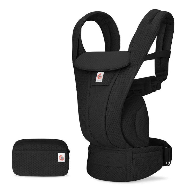 Ergobaby Omni Deluxe Carrier Mesh Onyx Black front view with matching storage pouch.
