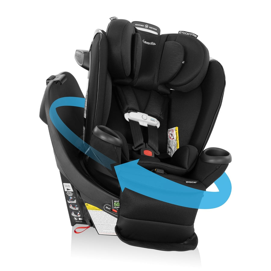 Evenflo Gold Revolve360 Extend All-In-One Rotational Car Seat with Sensorsafe, black, showing 360 rotation arrows.