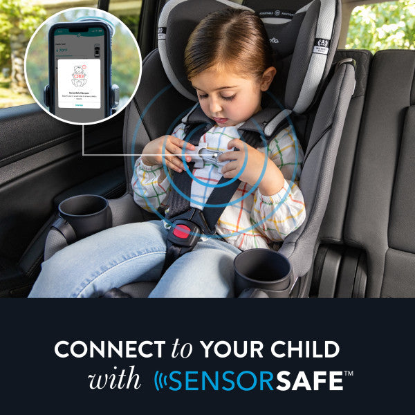 Evenflo Revolve360 Slim 2-in-1 rotational car seat with SensorSafe in gray upholstery