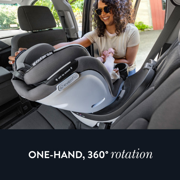 Evenflo Gold Revolve360 Slim 2-in-1 rotational car seat with Sensorsafe installed in a car