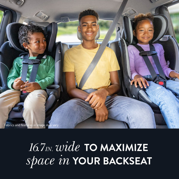 Evenflo Revolve360 Slim 2-in-1 Rotational Car Seat with SensorSafe; three kids in green, yellow, and purple outfits.