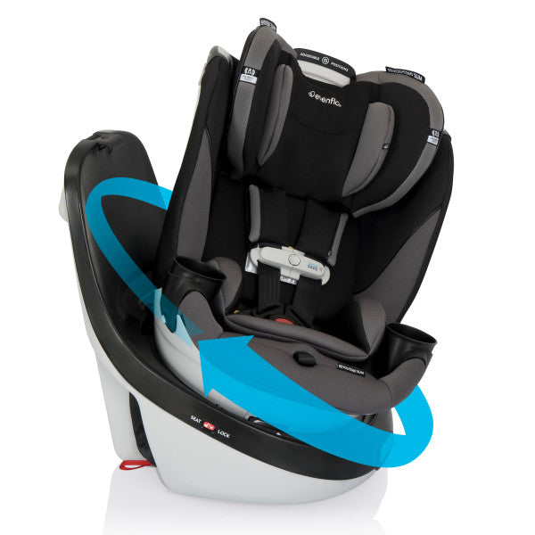 Evenflo Revolve360 Slim 2-in-1 rotational car seat with Sensorsafe, black/gray interior on white base