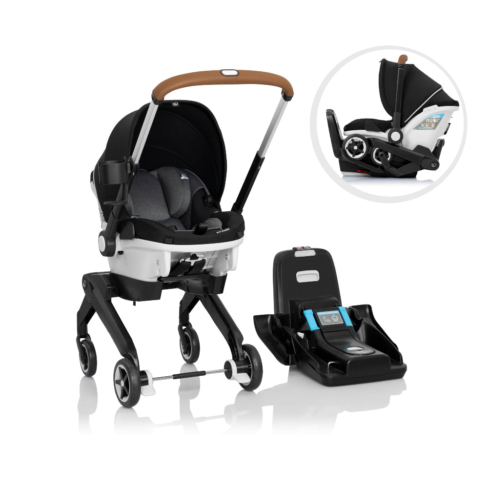 Evenflo Gold Shyft Dualride infant car seat and stroller combo with Carryall storage, black frame, brown handle