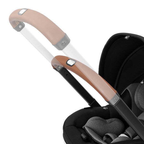 Evenflo Gold Shyft Dualride infant car seat and stroller combo with Carryall storage, tan brown handles