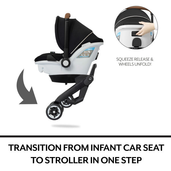 Evenflo Gold Shyft Dualride infant car seat and stroller with Carryall storage, black and white frame.