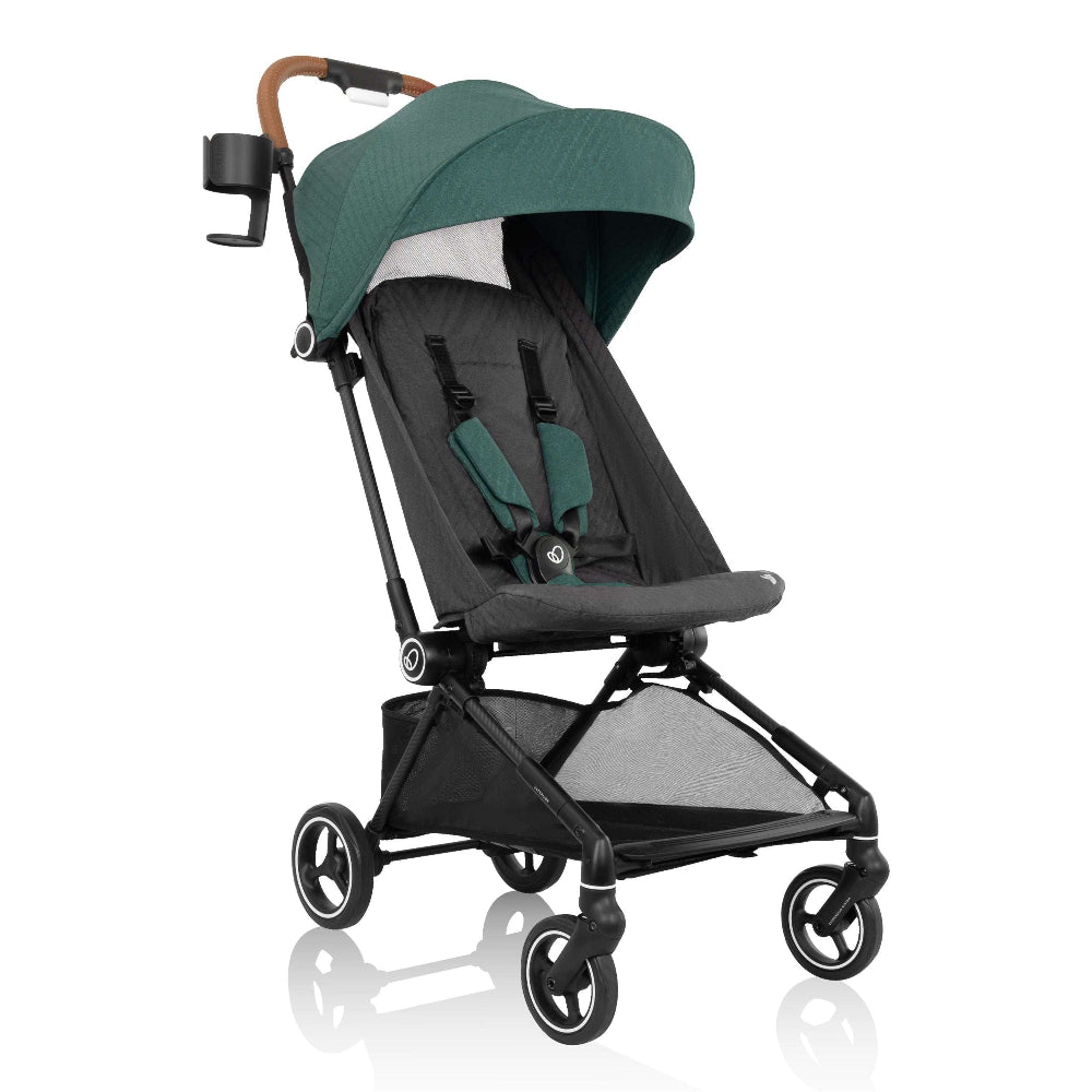 Evenflo Hummingbird carbon fiber stroller, ultralight design with green canopy and black seat