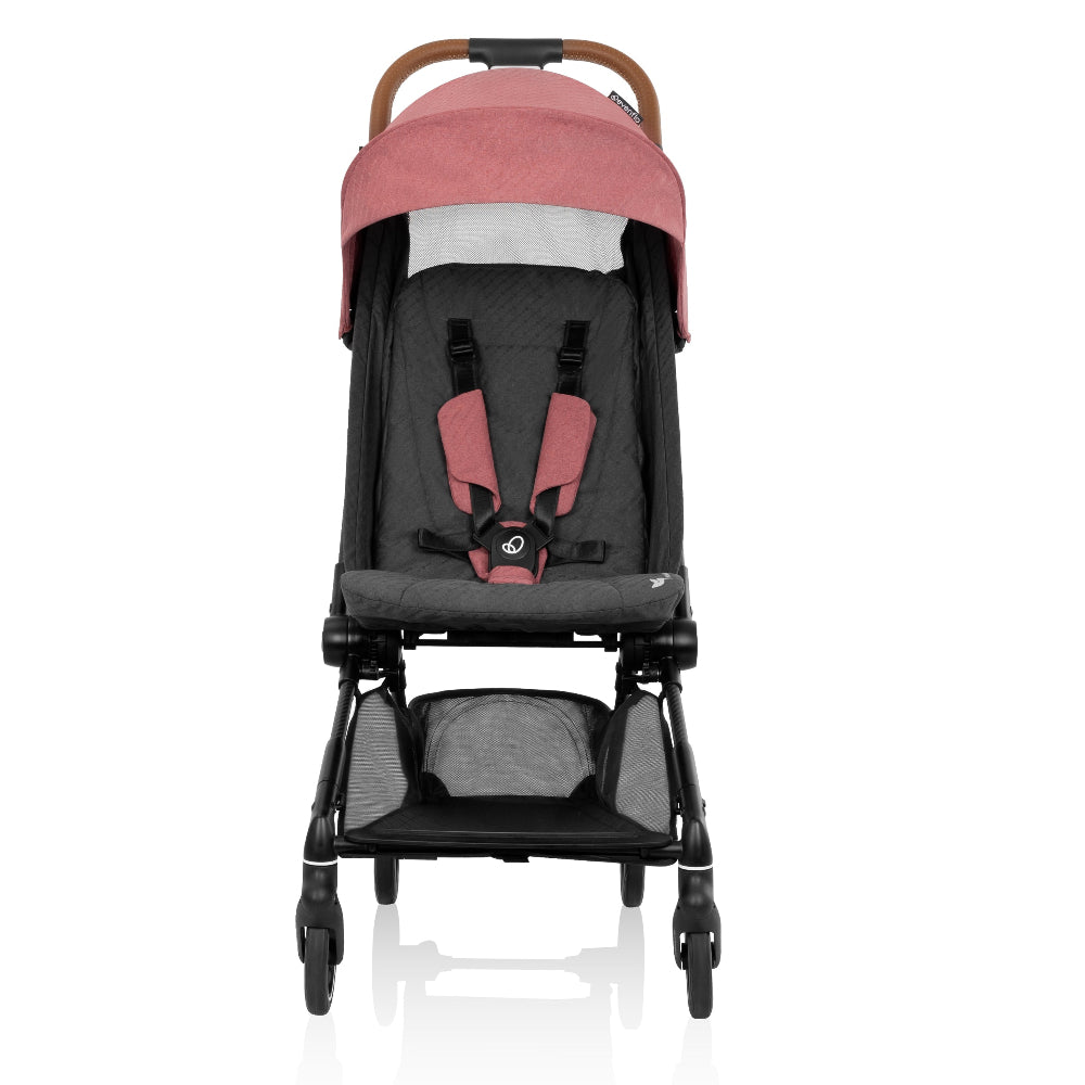 Evenflo Hummingbird stroller with pink canopy, black frame, ultra-lightweight design