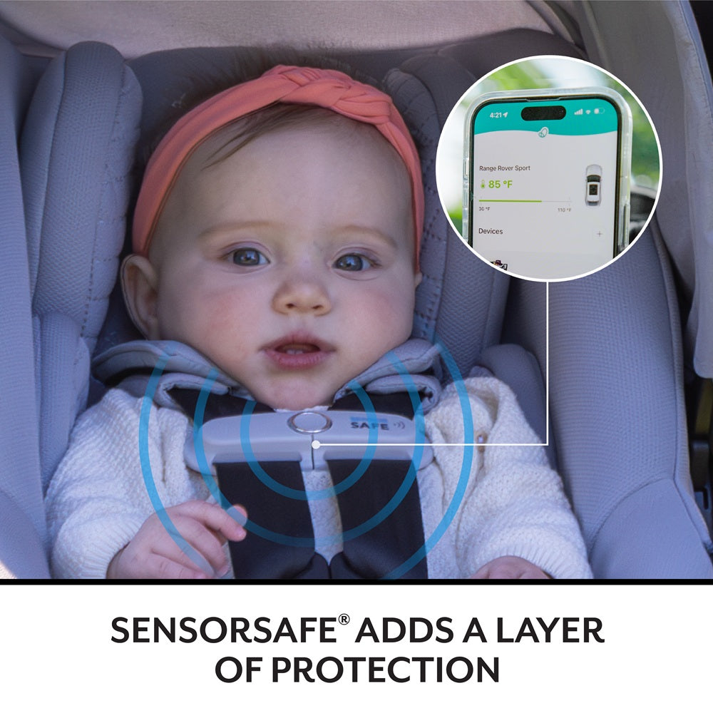 Evenflo Revolve180 Litemax NXT rotational infant car seat with Sensorysoothe; baby secured in car seat