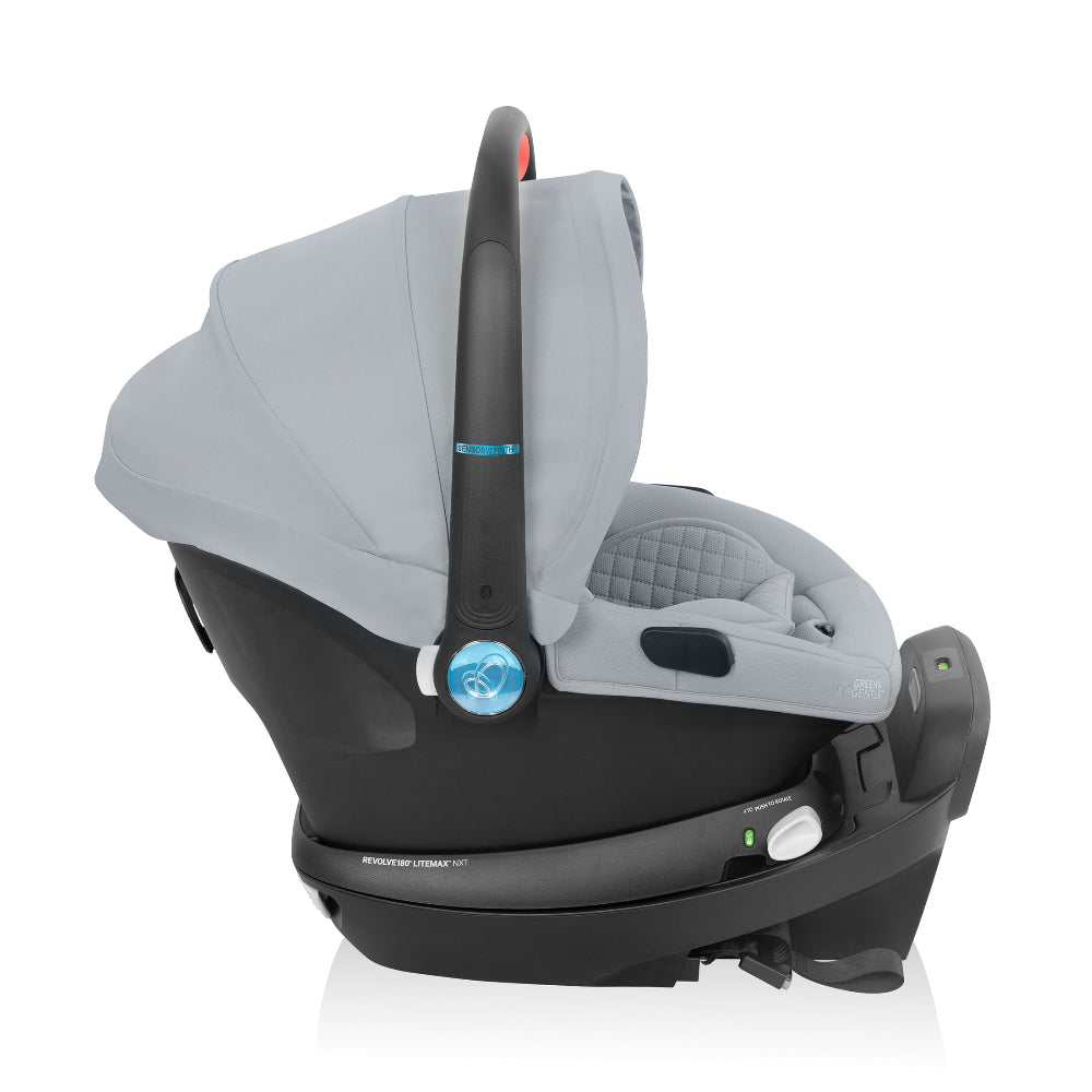 Evenflo Revolve180 Litemax NXT rotational infant car seat with gray fabric on black base
