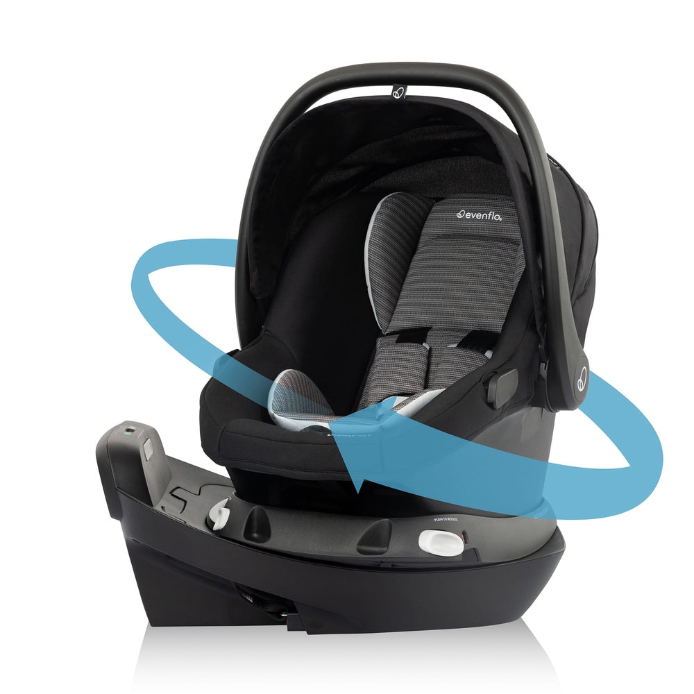 Evenflo Revolve180 Litemax NXT rotational infant car seat with base and handle in black and gray