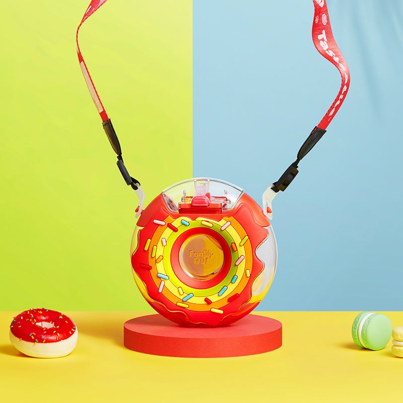 Familyout Donut Water Bottle Rainbow, donut-shaped bottle with colorful sprinkles and red lanyard