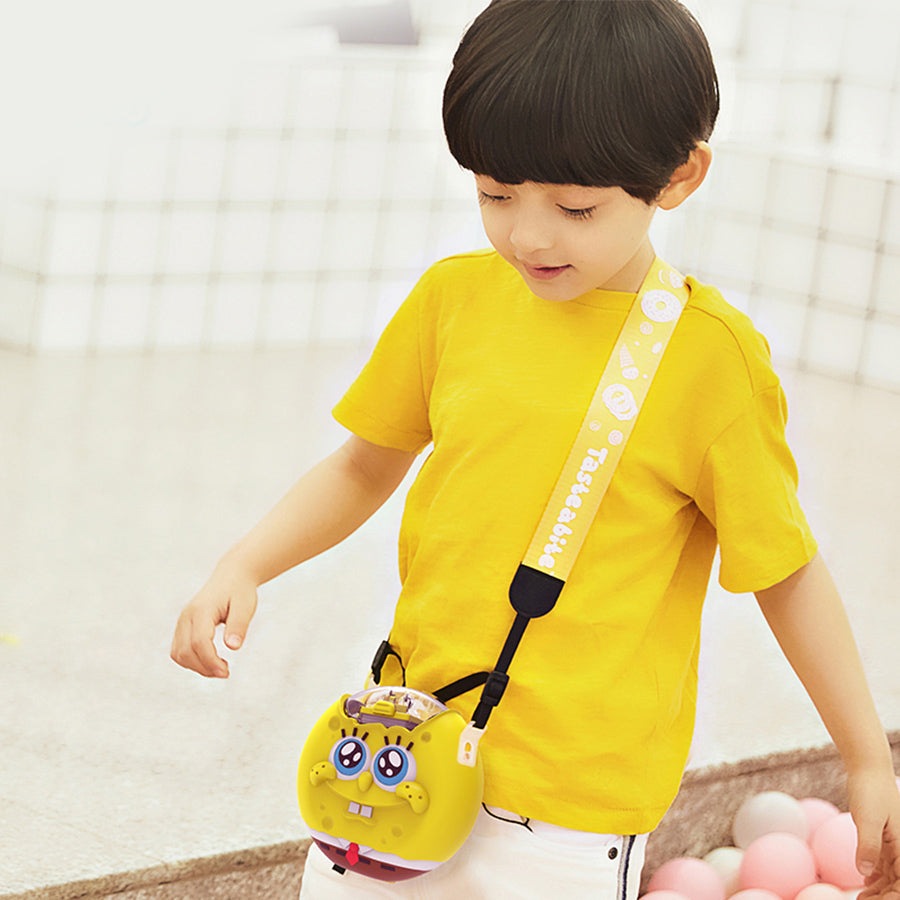 FamilyOut SpongeBob donut water bottle for kids; yellow case with adjustable strap