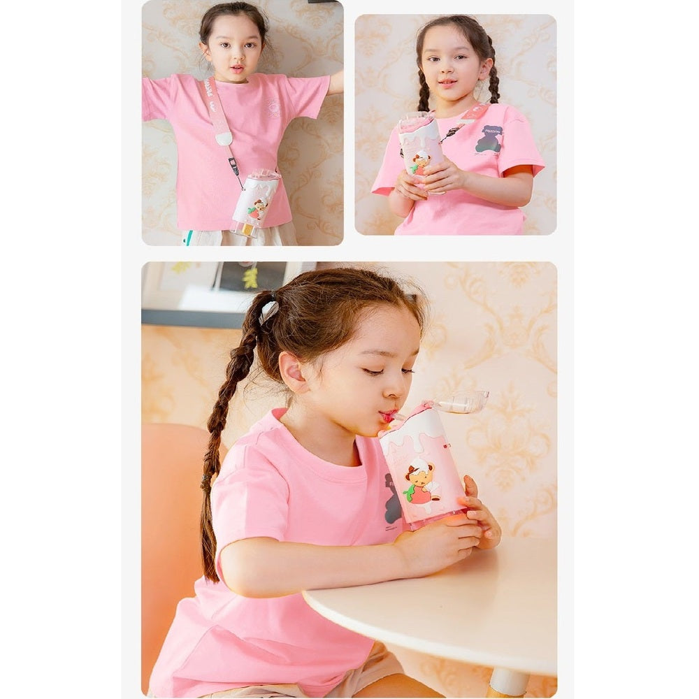 Familyout Teddy Bear ice pop water bottle for kids, pink bottle with bear illustration and strap