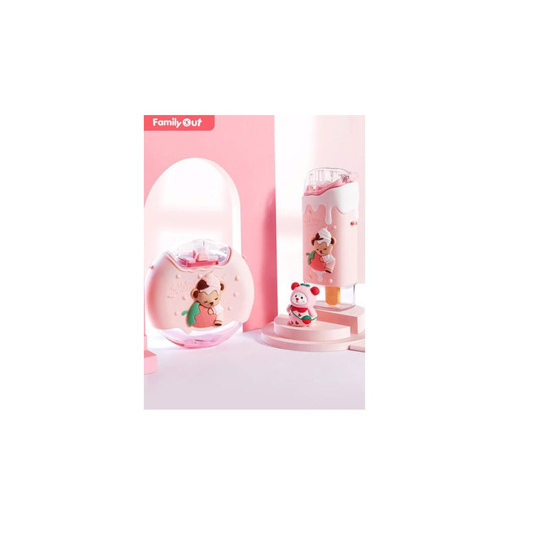 FamilyOut Pink teddy bear water bottle with illustrated sleeve and cap detail