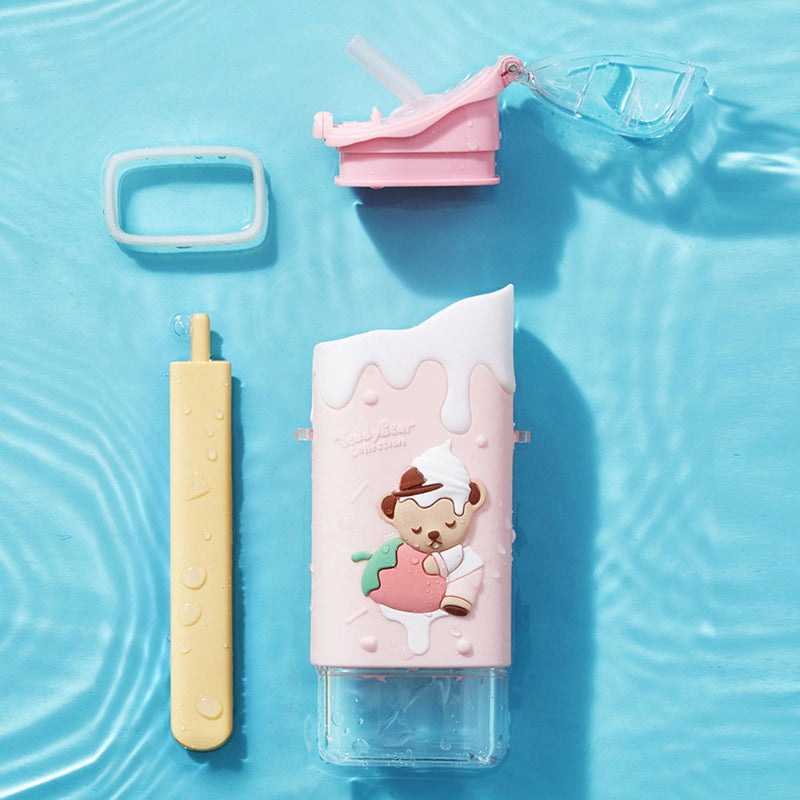 FamilyOut Teddy Bear ice pop water bottle in pink with white drip and cute bear illustration