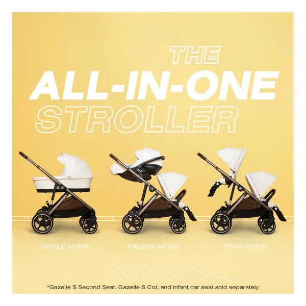 Fashion campaign image of the Cybex Gazelle S V2 Stroller in single, sibling, and twin modes on a bright yellow backdrop.