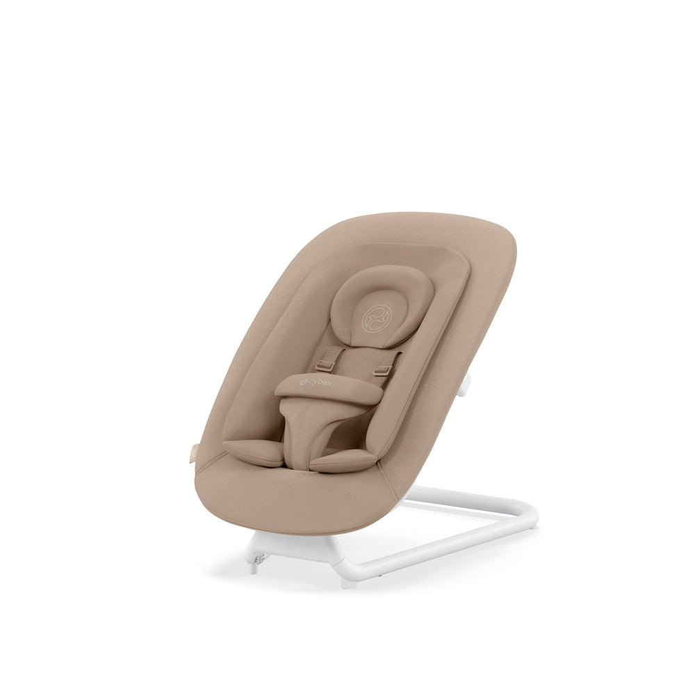 Feature graphic showing the Cybex Lemo 2 Bouncer in beige with white frame, showing plush reclined seat and secure five-point harness.